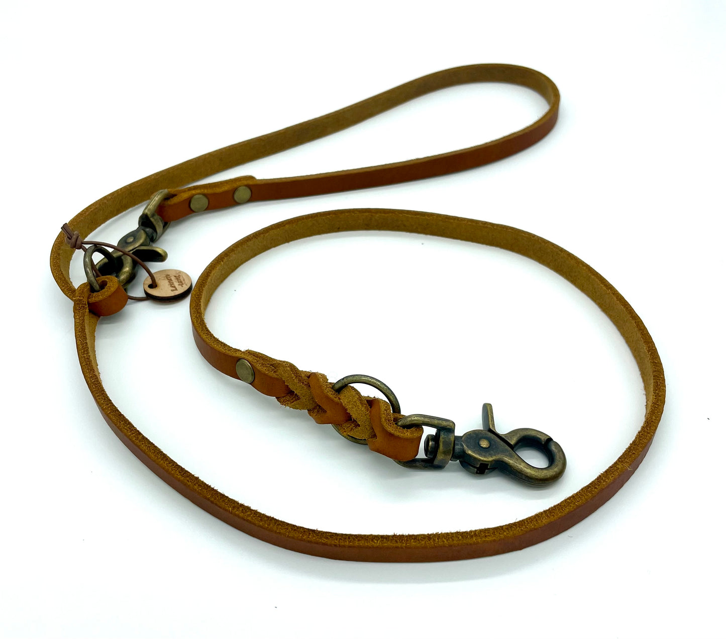 Fettlederleine "Light" - in Cognac & Antikem Messing